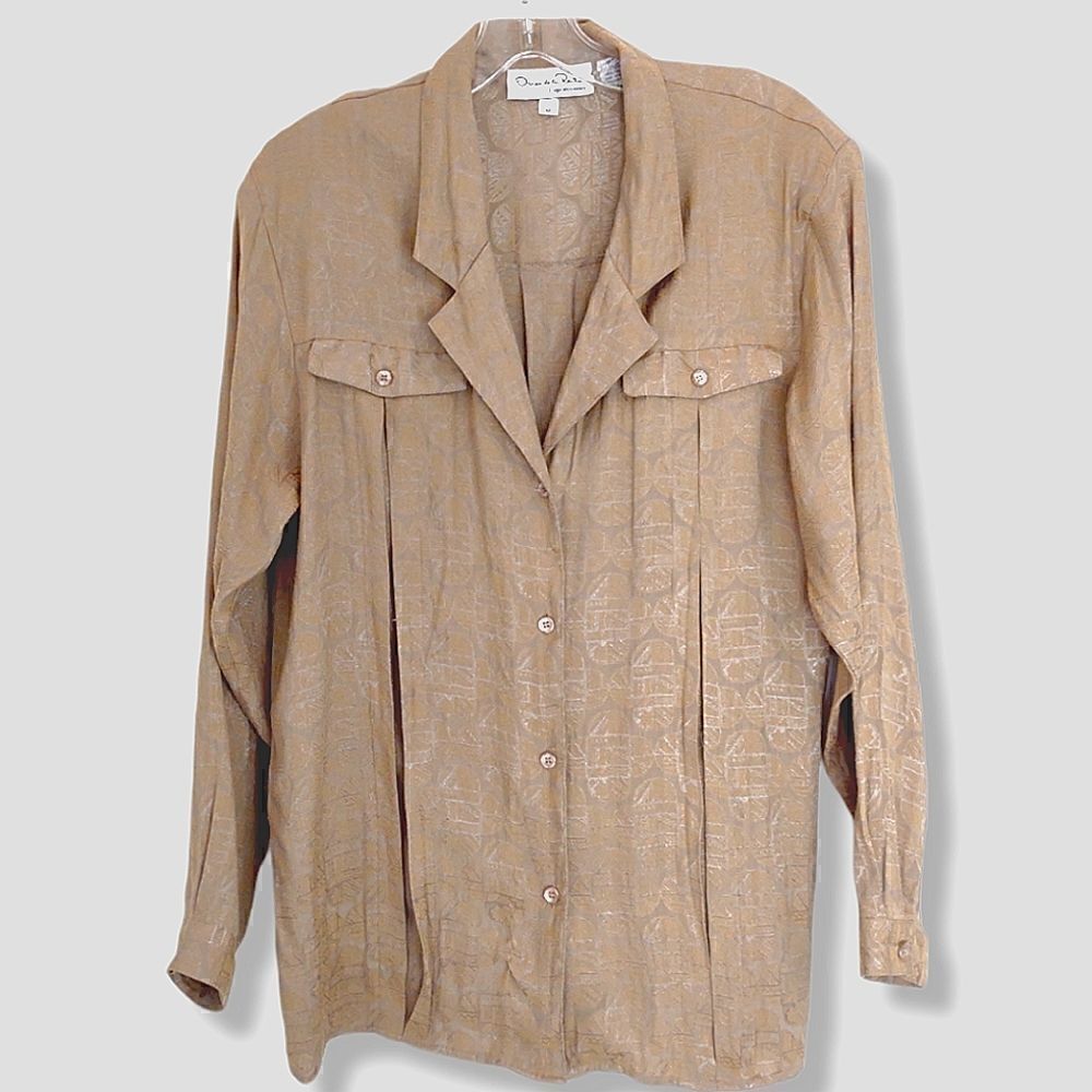 Oscar de la Renta Vintage Blouse Gray Gold Tapestry Button Front LS‎ Sz 12